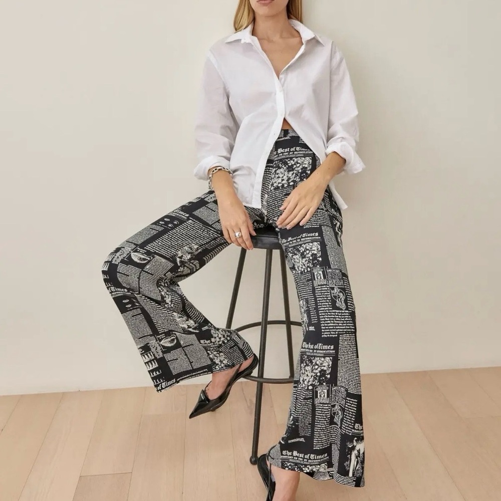 Rare Reformation Black and White Zine Newsprint Wide Leg Pant | Size 0
